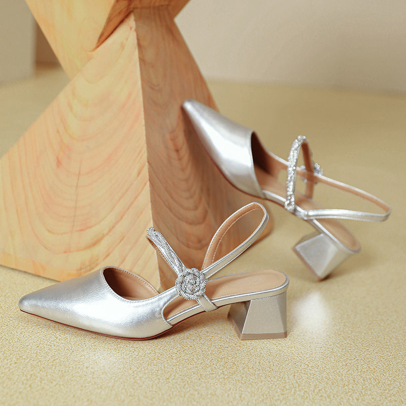 ANTMVS Closed Toe Sandals for Women New Summer Style Mary Jane Shoes Chunky Heel Silver Word with Pointed Toe High Heels
