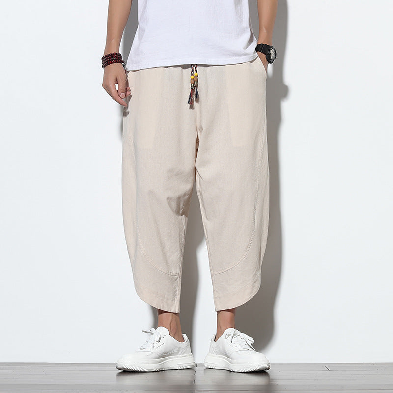 ANTMVS Summer Ice Silk Cropped Pants Men's Chinese Style Cotton Linen Casual Pants Trendy plus Size Loose Wide-Leg Knickerbockers Men