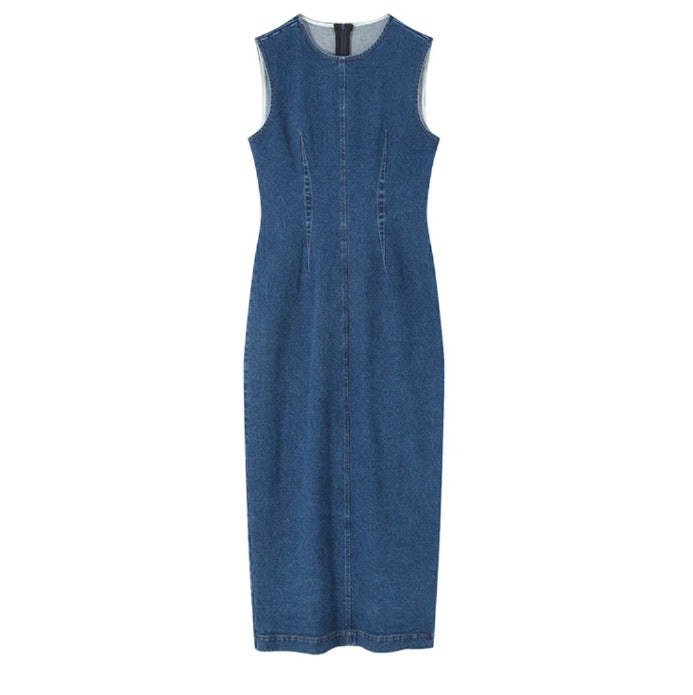 2025 Popularan Station Crew Neck Sleeveless Slim Hip Wrap Denim Dress Spring and Summer New Medium and Long Dress