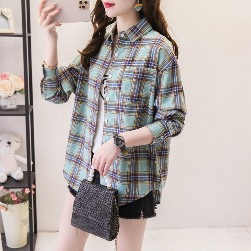 ANTMVS Plaid Shirt Women's Loose Long Sleeve Spring and Autumn Style Versatile Casual Student Spring and Autumn plus Size Korean Style Shirt Coat Cotton
