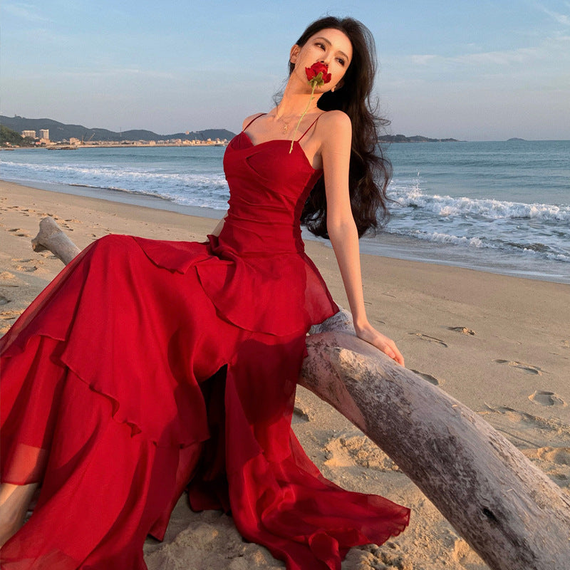 2025 Beautiful red skirt seaside vacation big skirt waist dress women's ruffle edge suspender beach dress