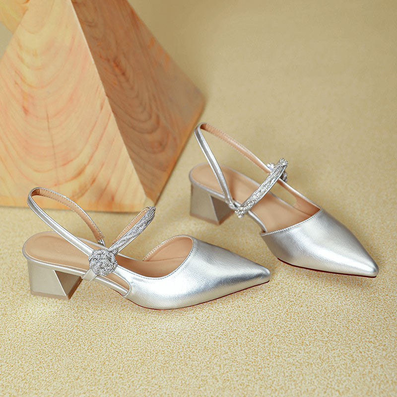ANTMVS Closed Toe Sandals for Women New Summer Style Mary Jane Shoes Chunky Heel Silver Word with Pointed Toe High Heels