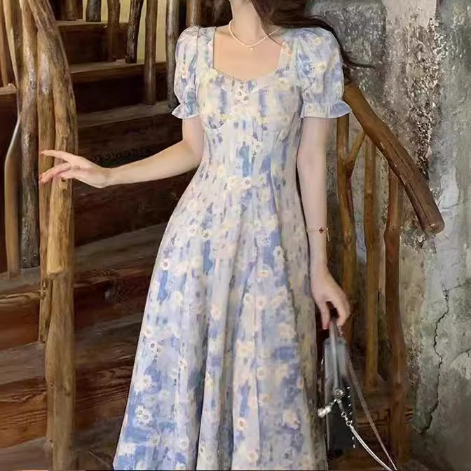 2025 square collar blue oil painting floral dress women summer waist thin Internet celebrity explosion first love dress
