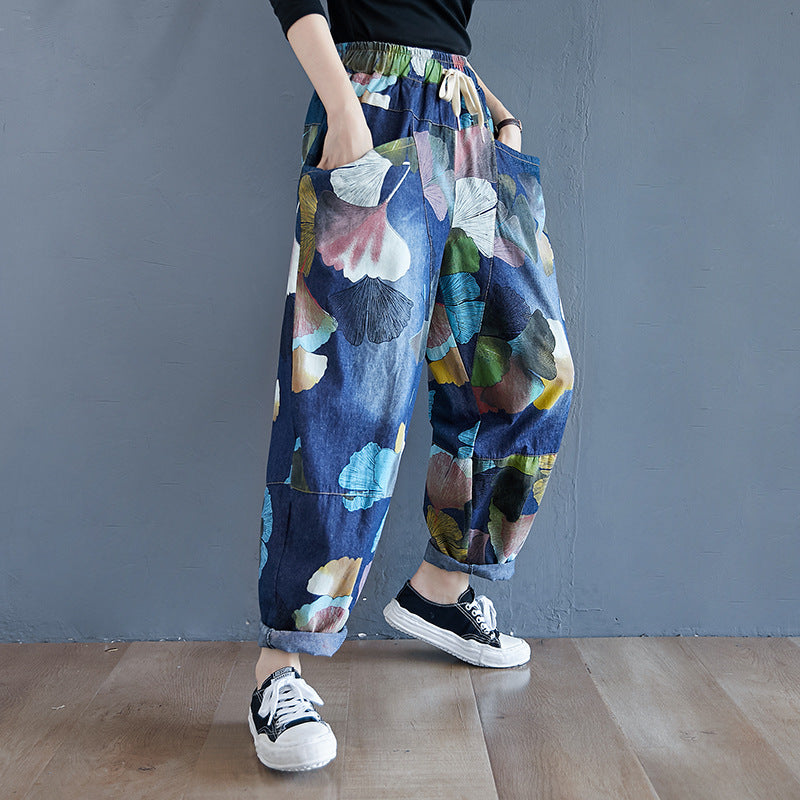 Fall 2025 Vintage Printed Casual Slimming Loose Elastic Waistband Lace-up Plump Girls Washed Jeans Harem Pants for Women