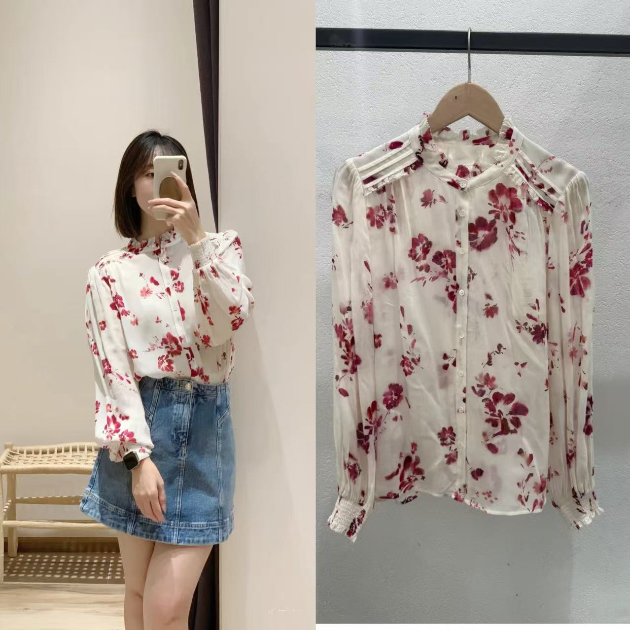2025 BA Long Sleeve New Top Twin Rose Print Front Shoulder Fungus Front Buckle Chiffon Shirt