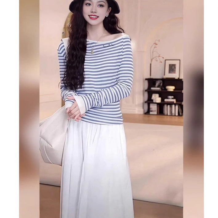 2025 New Striped Casual Spring Wear A Complete Set of High-end Super Hot Skirts Two-piece Suit Women's