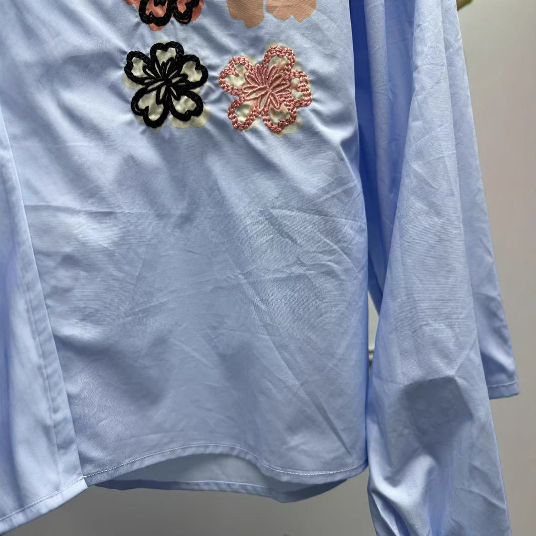2025 niche women's clothing new blue flower embroidered lapel shirt loose casual long-sleeved cotton top