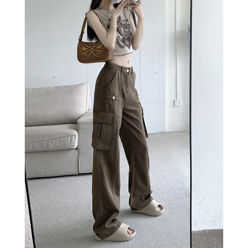 American Denim Overalls Women's 2025 New Retro High Waist Loose and Slimming Pocket Trousers Wide Leg Pants