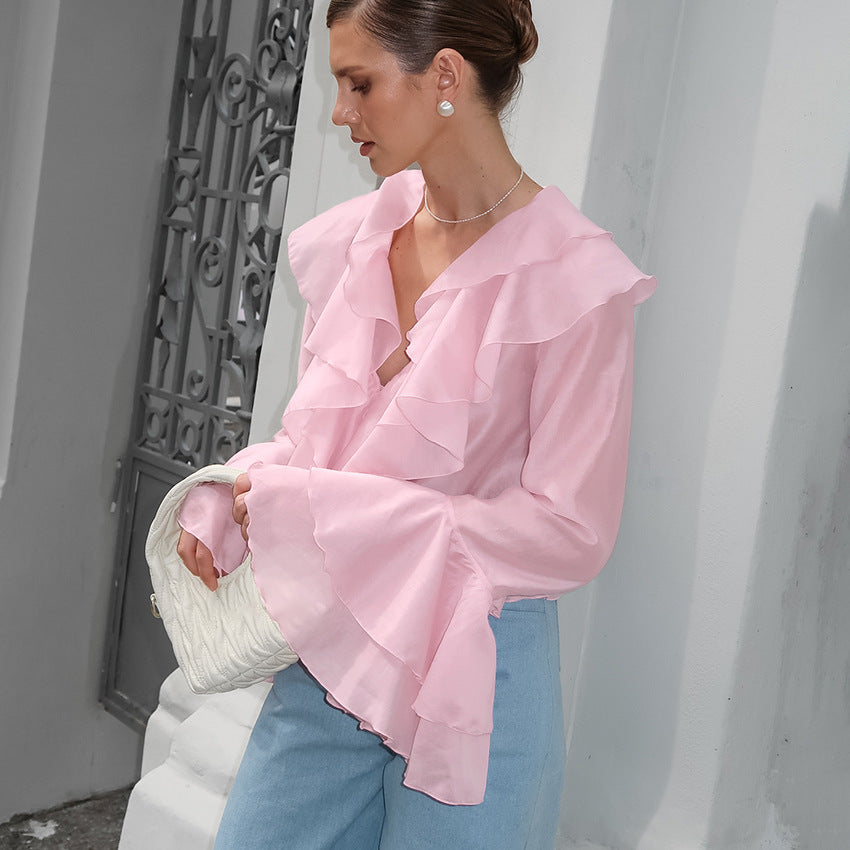 2025 Summer charm pink chiffon sunscreen temperament cascade ruffle edge V-neck horn sleeve short women's shirt