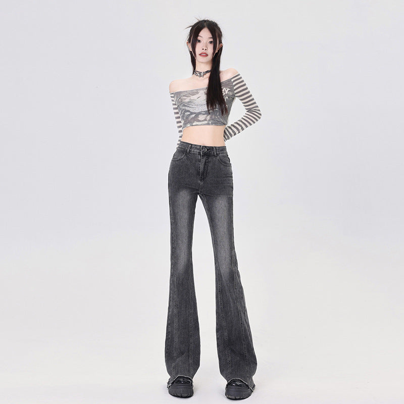 American Retro Hot Girl Raw Edges Design High Waist Trousers Slimming All-Matching Slim Fit Trendy Mopping Slightly Flared Jeans Women