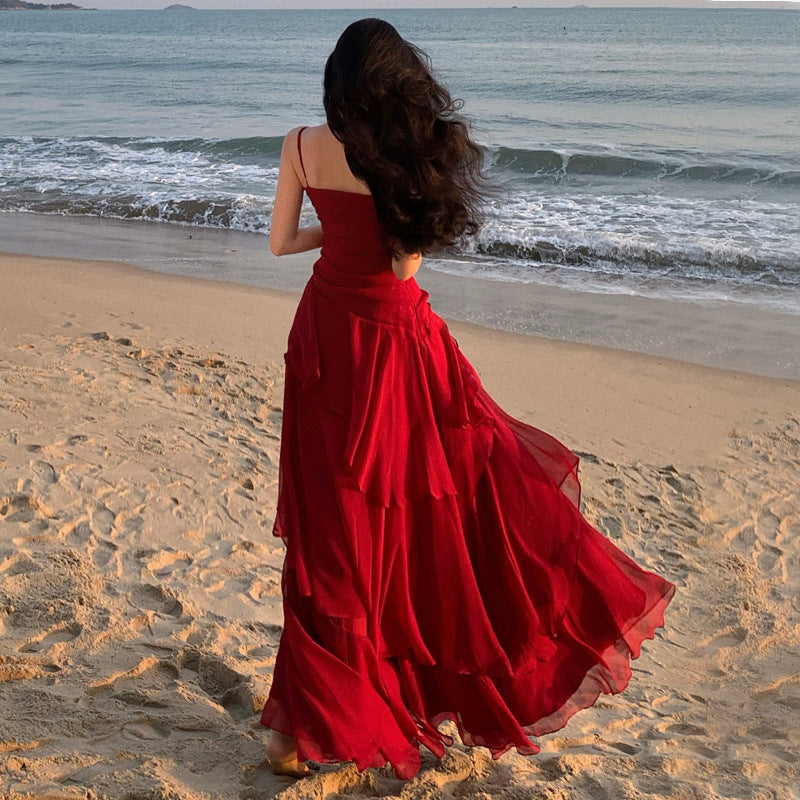 2025 Beautiful red skirt seaside vacation big skirt waist dress women's ruffle edge suspender beach dress