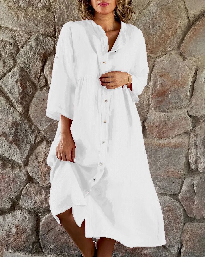 ANTMVS Cross-Border Women's Clothing New Cotton and Linen European and American Solid Color Casual Button Length Dress Wholesale