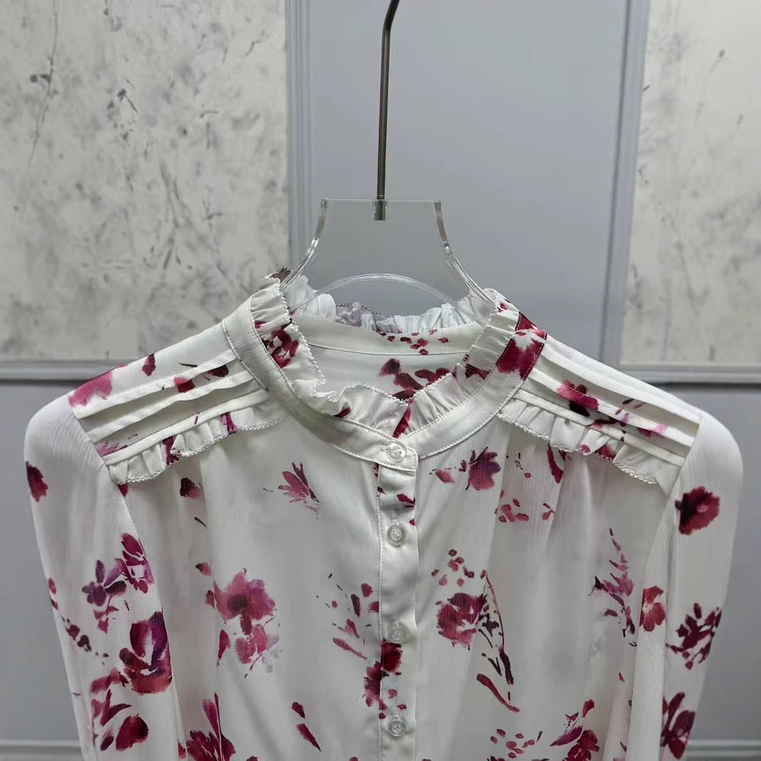 2025 BA Long Sleeve New Top Twin Rose Print Front Shoulder Fungus Front Buckle Chiffon Shirt