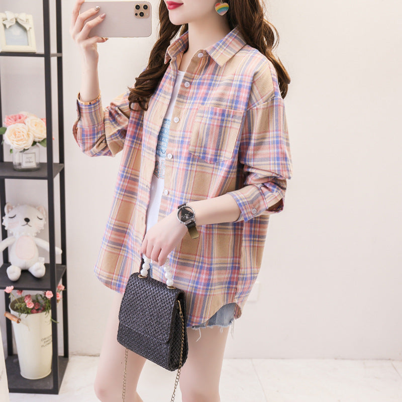 ANTMVS Plaid Shirt Women's Loose Long Sleeve Spring and Autumn Style Versatile Casual Student Spring and Autumn plus Size Korean Style Shirt Coat Cotton