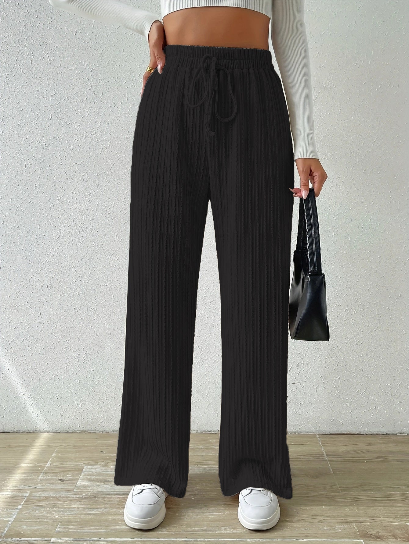 Antmvs HOTan and NEWn New Knot Waist Texture Knitted Wide Leg Trousers Elastic High Waist Pure Color Casual Loose Straight Women's Clothing