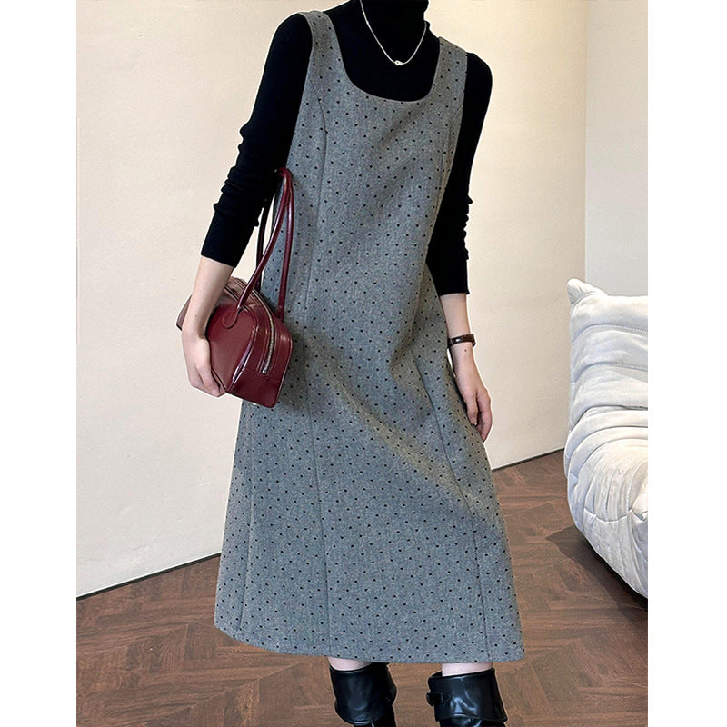 2025 popular autumn new Korean version loose U-neck design long polka dot temperament vest dress 0602