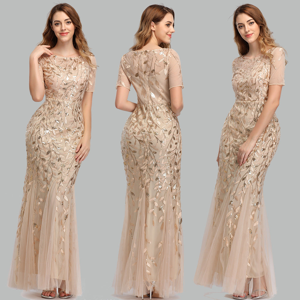 ANTMVS Spring and Summer Cross-Border Banquet Host European and American Slim Mesh Sequins Evening Dress Fishtail Dress Women