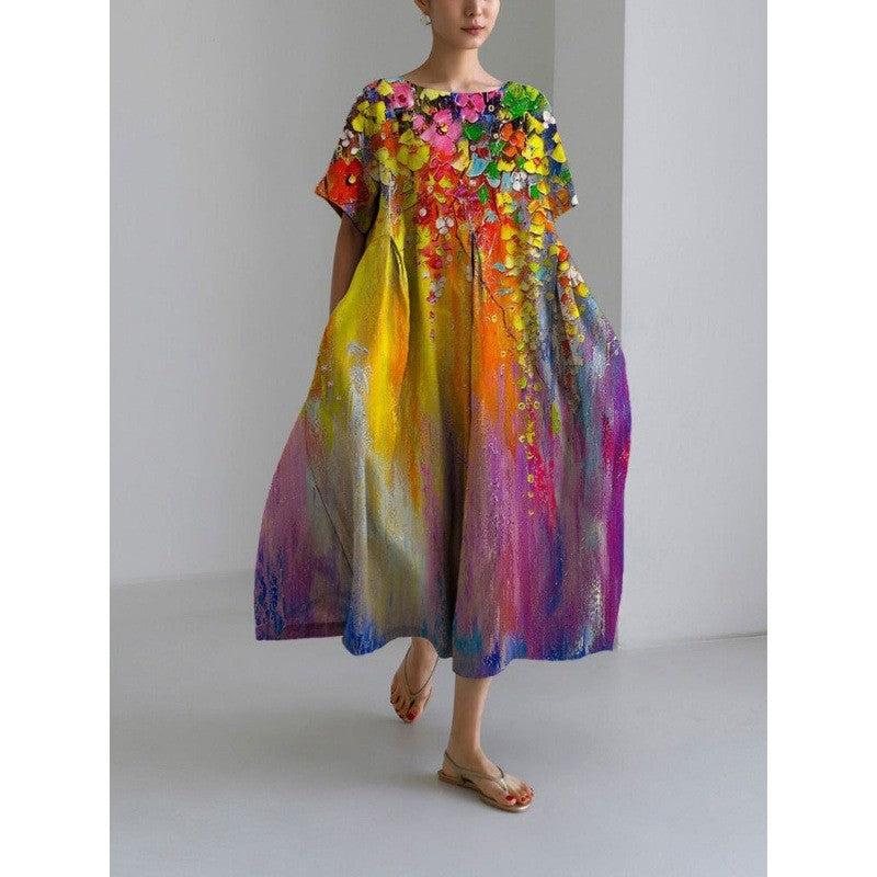 ANTMVS Cross-Border Summer New European and American Women's Clothing Loose round Neck Fashion Advanced Short Sleeve 3D Printing Dress