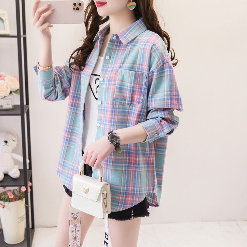 ANTMVS Plaid Shirt Women's Loose Long Sleeve Spring and Autumn Style Versatile Casual Student Spring and Autumn plus Size Korean Style Shirt Coat Cotton