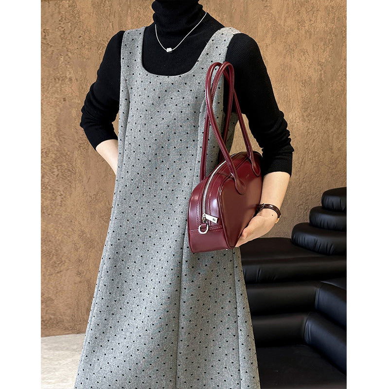 2025 popular autumn new Korean version loose U-neck design long polka dot temperament vest dress 0602