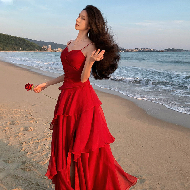 2025 Beautiful red skirt seaside vacation big skirt waist dress women's ruffle edge suspender beach dress