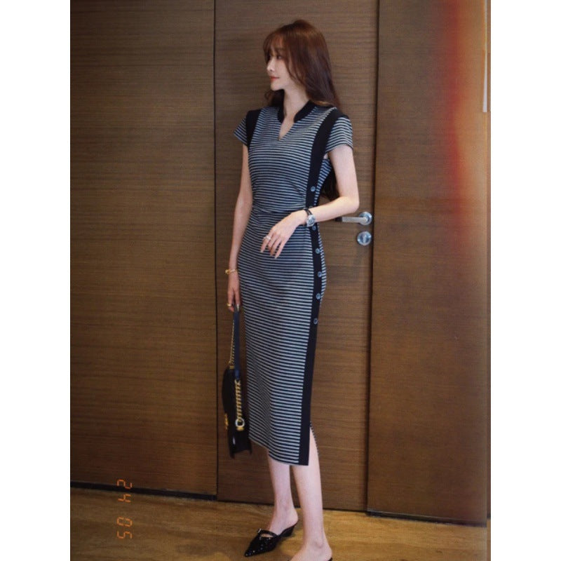 2025 High-end waist color matching striped dress women's summer light luxury irregular split temperament medium and long skirt