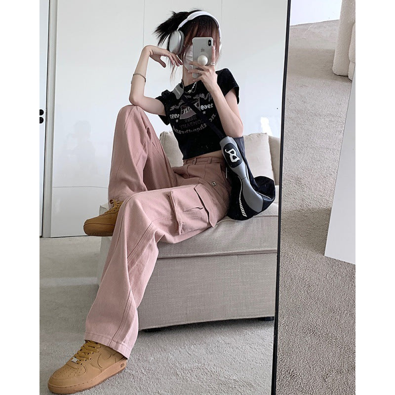 American Denim Overalls Women's 2025 New Retro High Waist Loose and Slimming Pocket Trousers Wide Leg Pants