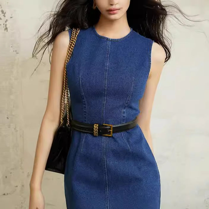 2025 Popularan Station Crew Neck Sleeveless Slim Hip Wrap Denim Dress Spring and Summer New Medium and Long Dress