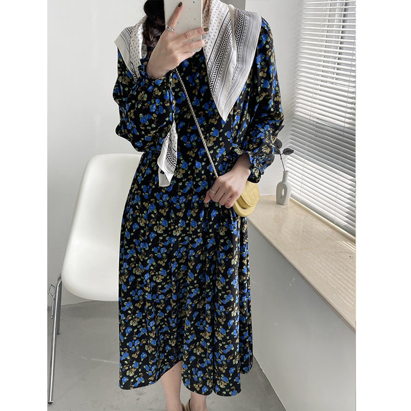 2025 2025 Spring Crew Neck Floral Dress Women's Waist Fresh Dress Women's Medium and Long Retro First Love Dress 9105-1