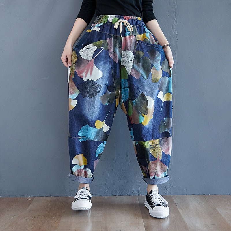 Fall 2025 Vintage Printed Casual Slimming Loose Elastic Waistband Lace-up Plump Girls Washed Jeans Harem Pants for Women