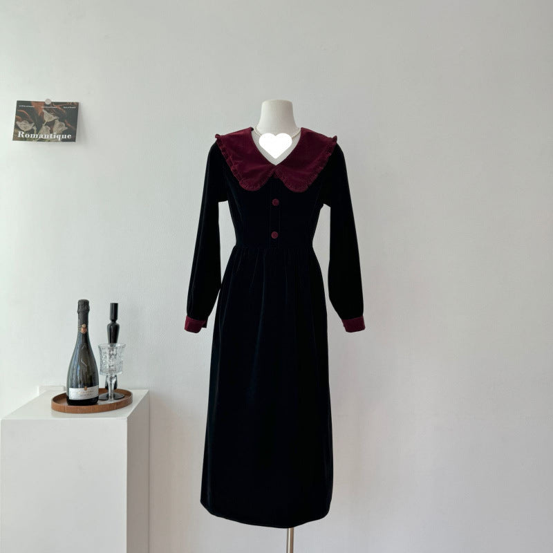 2025 new women's spring and autumn skirt retro high-end wear black velvet dress women's clothing
