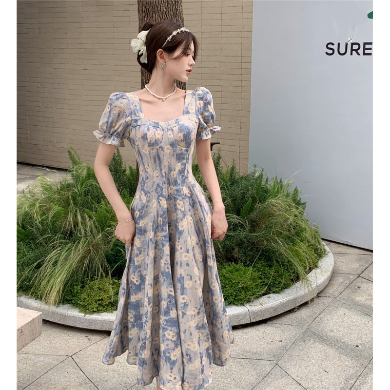 2025 square collar blue oil painting floral dress women summer waist thin Internet celebrity explosion first love dress