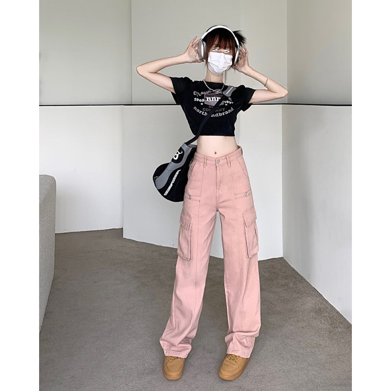 American Denim Overalls Women's 2025 New Retro High Waist Loose and Slimming Pocket Trousers Wide Leg Pants