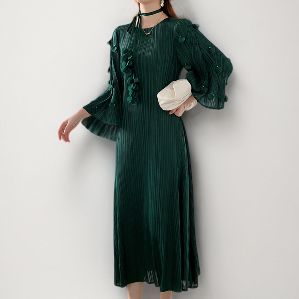 2025 2025 New new Mizhai dress large size women's clothing seven-quarter sleeve lace-up medium and long fashion temperament pleated skirt