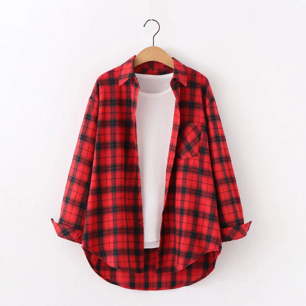 ANTMVS Plaid Shirt Women's Loose Long Sleeve Spring and Autumn Style Versatile Casual Student Spring and Autumn plus Size Korean Style Shirt Coat Cotton