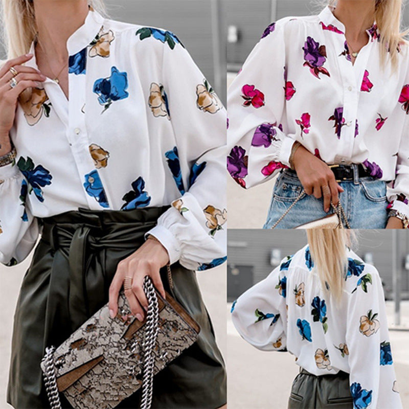 Popular trade Popular and Autumn Lantern Sleeve Casual Shirt Printed Long Sleeve Shirt Women