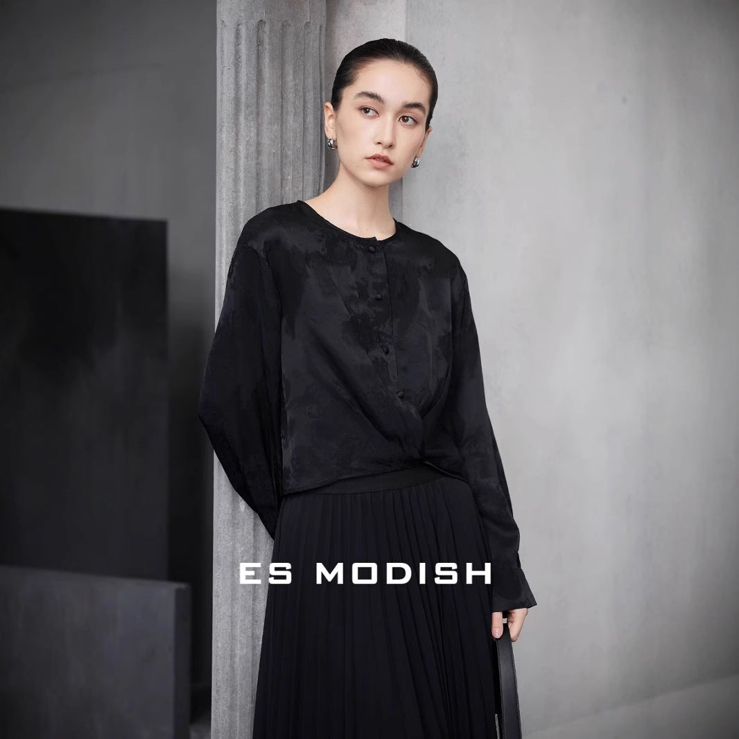 2025 ES MODISH Spring New National Style Jacquard Crew Neck Drawstring Shirt Lazy Casual Loose Top Girls