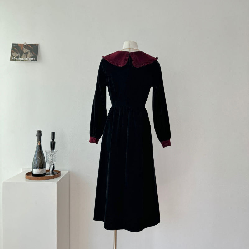 2025 new women's spring and autumn skirt retro high-end wear black velvet dress women's clothing