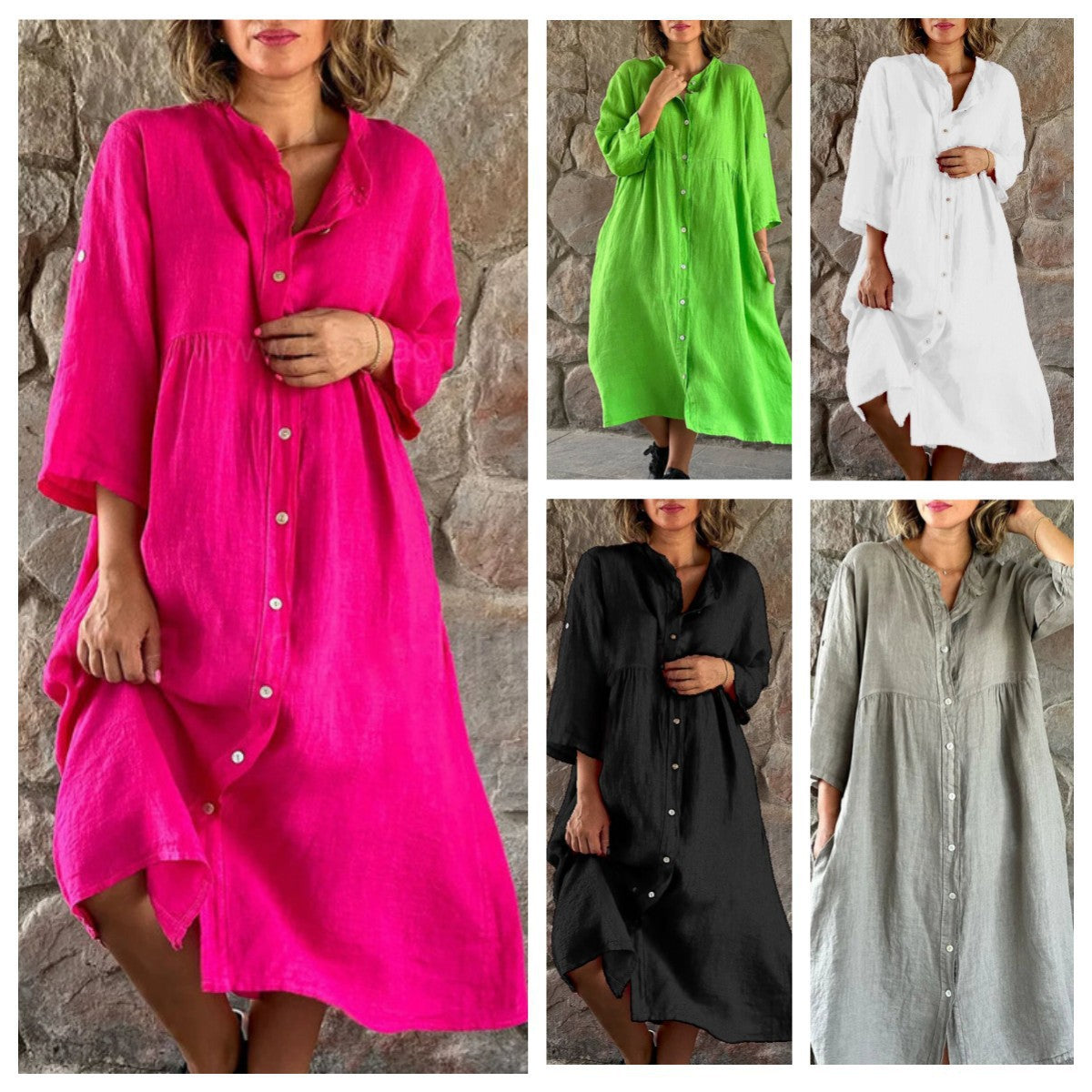 ANTMVS Cross-Border Women's Clothing New Cotton and Linen European and American Solid Color Casual Button Length Dress Wholesale