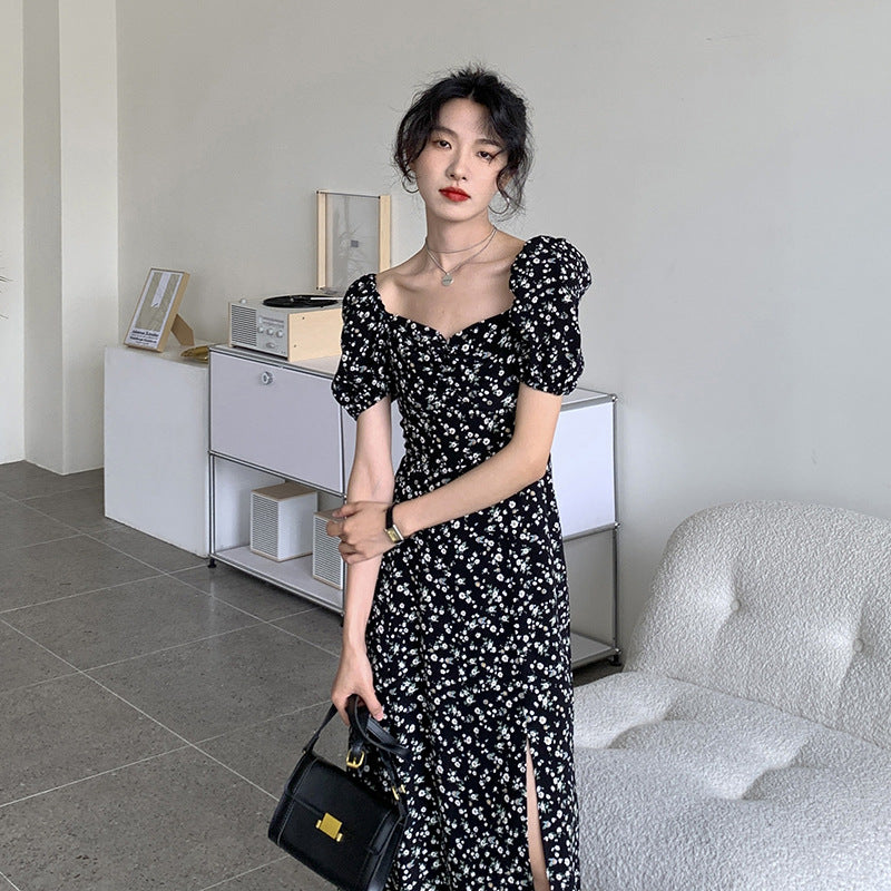 2025 first love sweet tea break square neck bubble sleeves small fresh floral dress black temperament long skirt women's summer