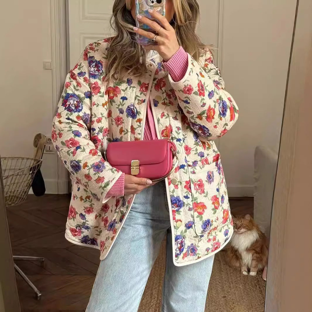 2025 SE24 autumn and winter new romantic floral broadband casual quilted crew neck jacket jacket cotton clothes 32036