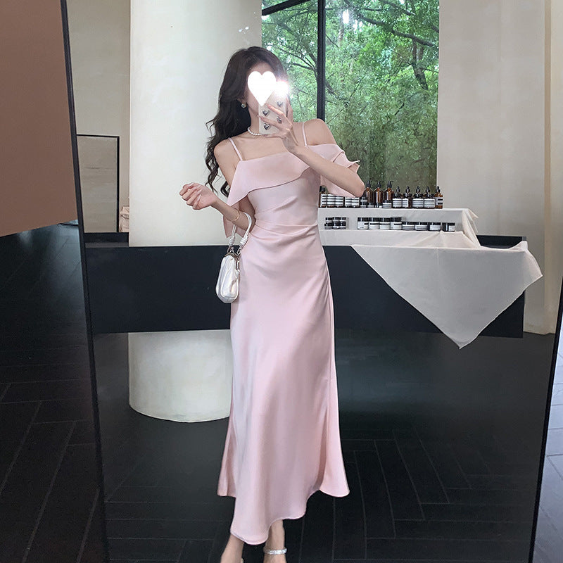 2025 spring and summer suspender one-word shoulder satin suspender dress women's pleated waist and thin fishtail dress