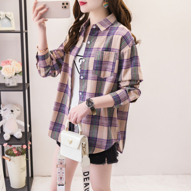 ANTMVS Plaid Shirt Women's Loose Long Sleeve Spring and Autumn Style Versatile Casual Student Spring and Autumn plus Size Korean Style Shirt Coat Cotton