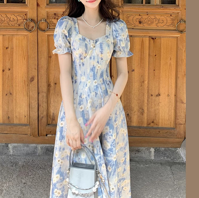 2025 square collar blue oil painting floral dress women summer waist thin Internet celebrity explosion first love dress