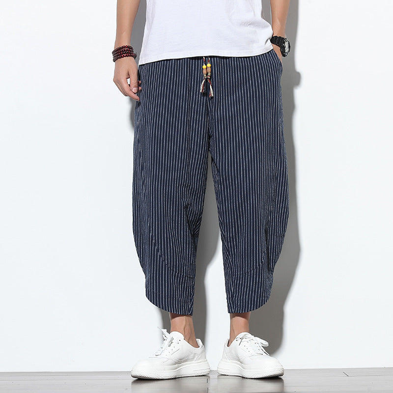 ANTMVS Summer Ice Silk Cropped Pants Men's Chinese Style Cotton Linen Casual Pants Trendy plus Size Loose Wide-Leg Knickerbockers Men