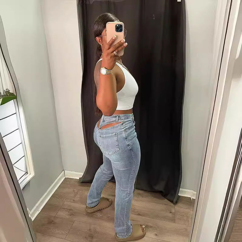 Sk511000 New Europe and America Cross Border Women's Back Waist Hollow Sexy Stretch Jeans