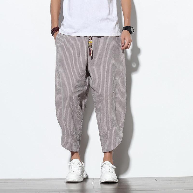 ANTMVS Summer Ice Silk Cropped Pants Men's Chinese Style Cotton Linen Casual Pants Trendy plus Size Loose Wide-Leg Knickerbockers Men