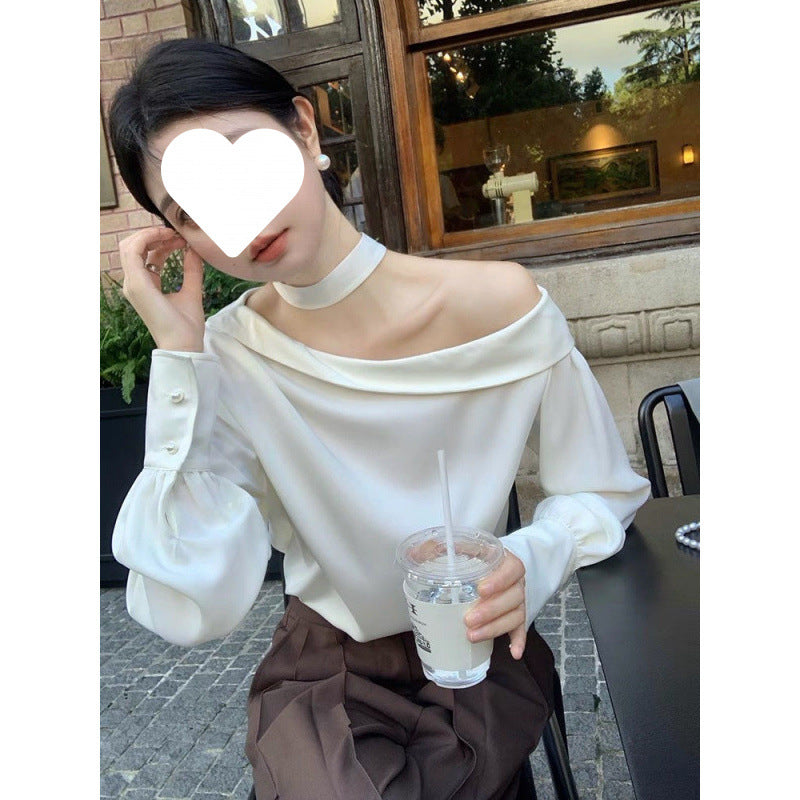 2025 temperament one-word collar off-shoulder long-sleeved top women's design sense niche irregular and thin satin shirt