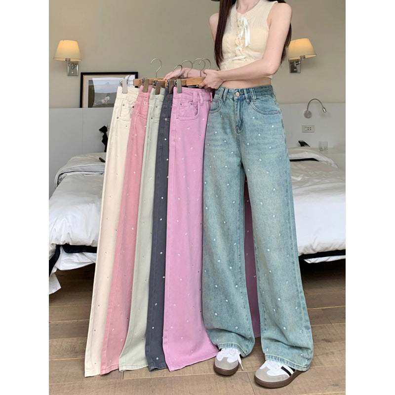 Real Shot Rhinestone Multi-Color Wide Leg Jeans for Women 2025 Spring and Summer New High Waist Straight Loose Draggle-Tail Trousers Tide