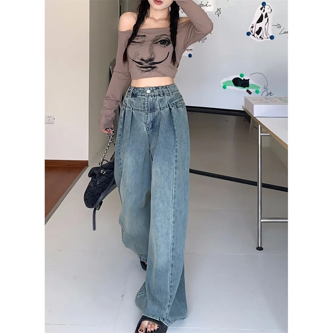Antmvs Wide-Leg Jeans Women's Autumn Slimming Thick Leg Flab Hiding High Waist Loose Ins Western Style Draping Washed Distressed Pants